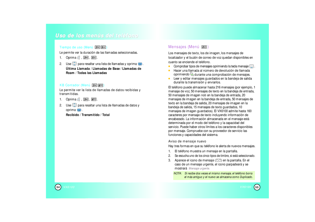 Mitel VX6100 Mensajes Menú, Tiempo de uso Menú, KB Contador Menú, Recibido / Transmitido / Total, Aviso de mensaje nuevo 