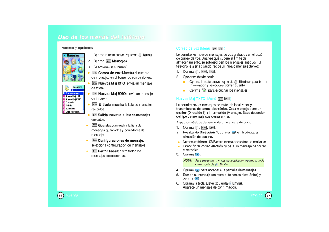 Mitel VX6100 Oprima Mensajes, Borrar todos borra todos los mensajes almacenados, Correo de voz Menú, Nuevos Msj Txto Menú 