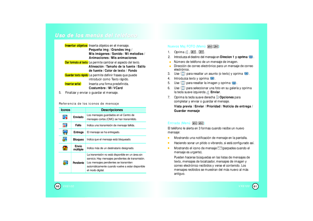 Mitel VX6100 manual Nuevos Msj Foto Menú, Entrada Menú 