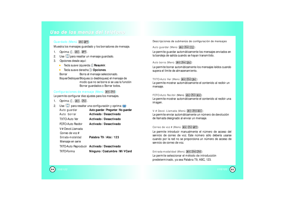 Mitel VX6100 manual Guardado Menú, Configuraciones de mensaje Menú, Activado / Desactivado, Palabra T9 / Abc 