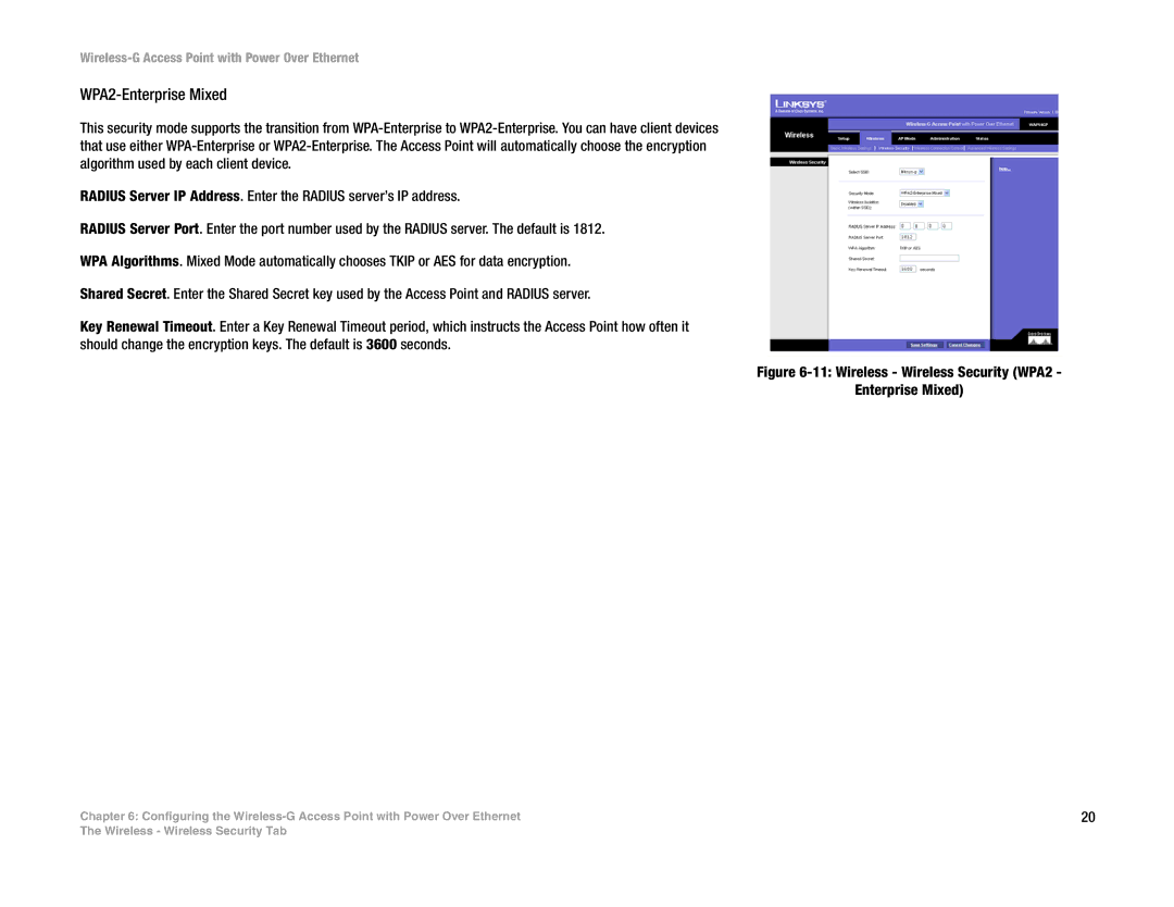 Mitel WAP54GP manual WPA2-Enterprise Mixed, Wireless Wireless Security WPA2 Enterprise Mixed 