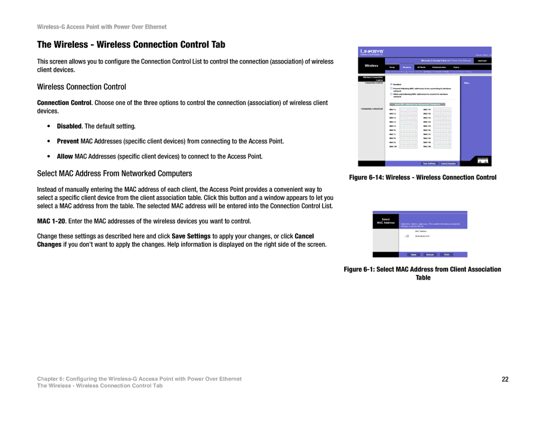 Mitel WAP54GP manual Wireless Wireless Connection Control Tab, Select MAC Address From Networked Computers 