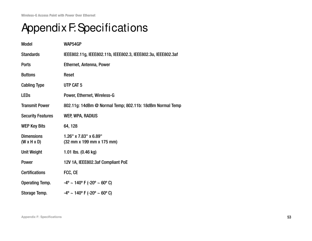 Mitel WAP54GP manual Appendix F Specifications 