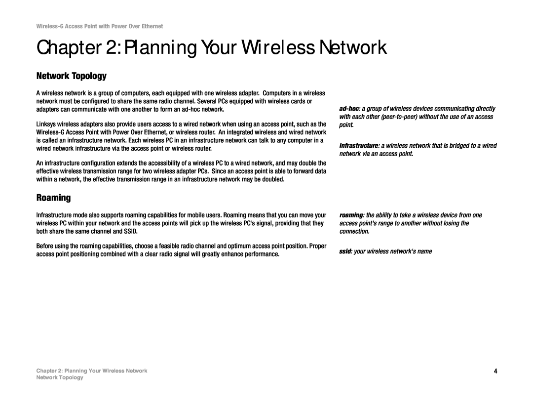 Mitel WAP54GP manual Planning Your Wireless Network, Network Topology, Roaming, ssid your wireless networks name 