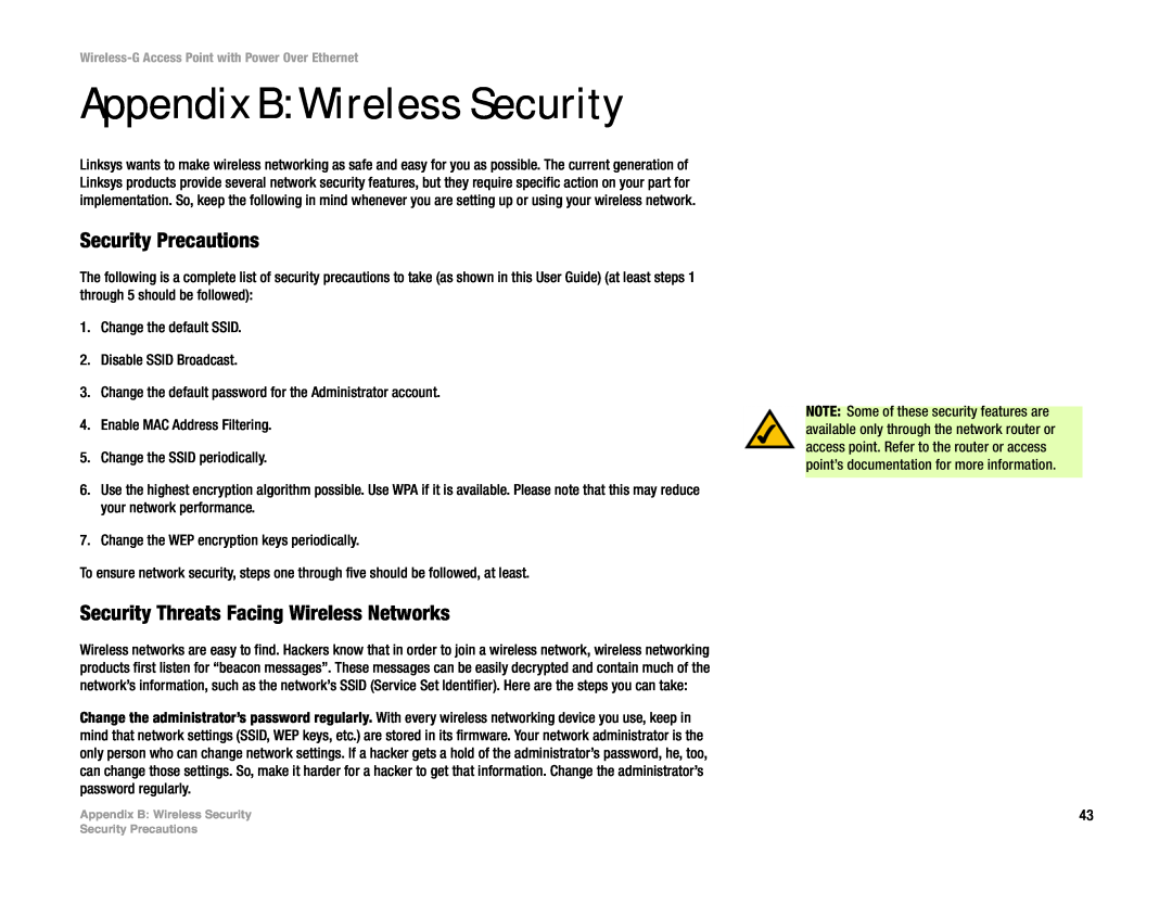 Mitel WAP54GP manual Appendix B Wireless Security, Security Precautions, Security Threats Facing Wireless Networks 