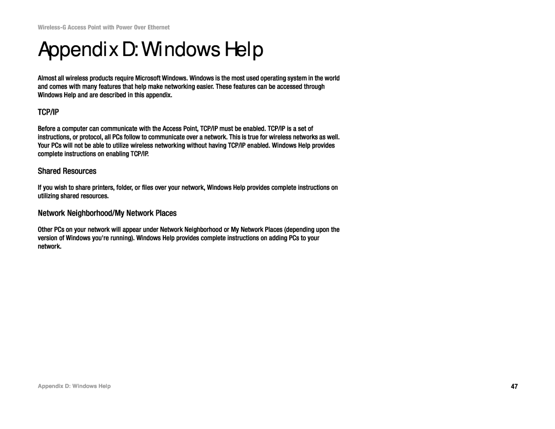 Mitel WAP54GP manual Appendix D Windows Help, Tcp/Ip, Shared Resources, Network Neighborhood/My Network Places 