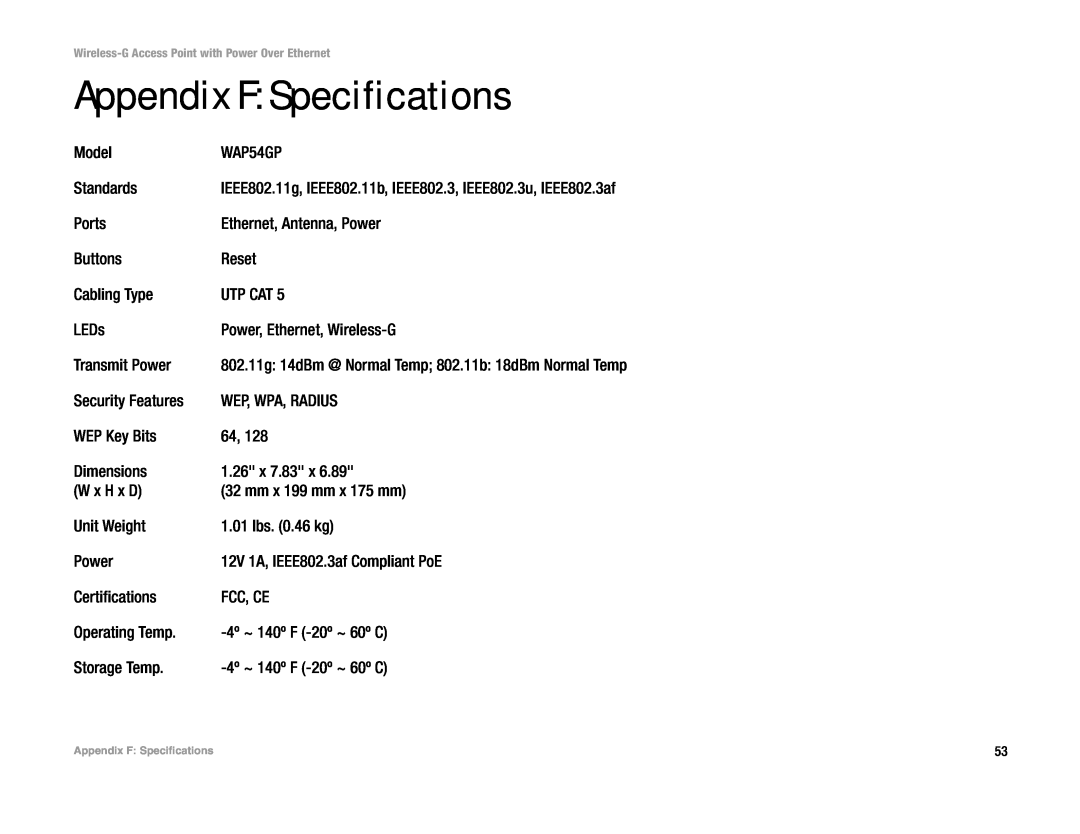 Mitel WAP54GP manual Appendix F Specifications, IEEE802.11g, IEEE802.11b, IEEE802.3, IEEE802.3u, IEEE802.3af 
