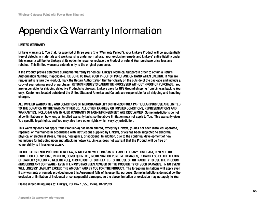 Mitel WAP54GP manual Appendix G Warranty Information 