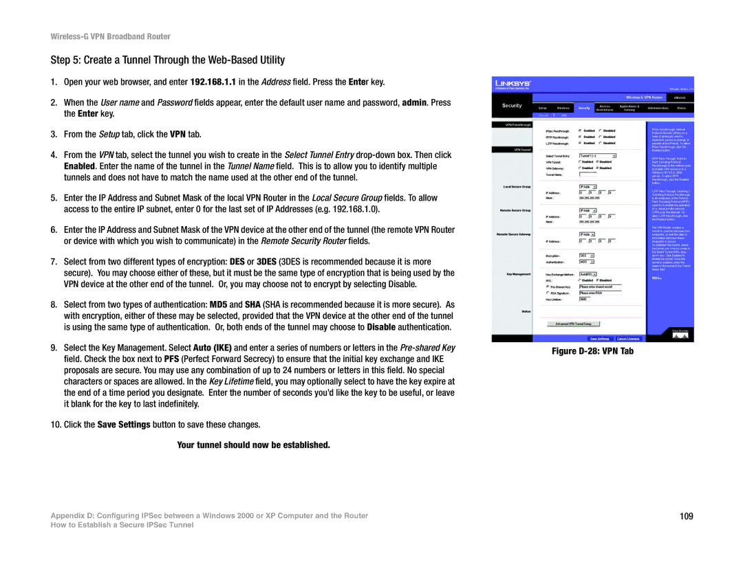 Mitel WRV54G manual Create a Tunnel Through the Web-Based Utility, Figure D-28 VPN Tab 109 