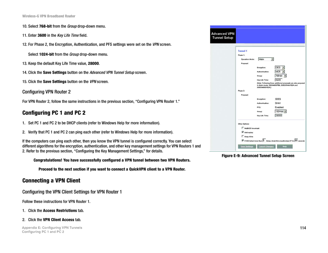 Mitel WRV54G manual Configuring PC 1 and PC, Connecting a VPN Client, Configuring the VPN Client Settings for VPN Router 