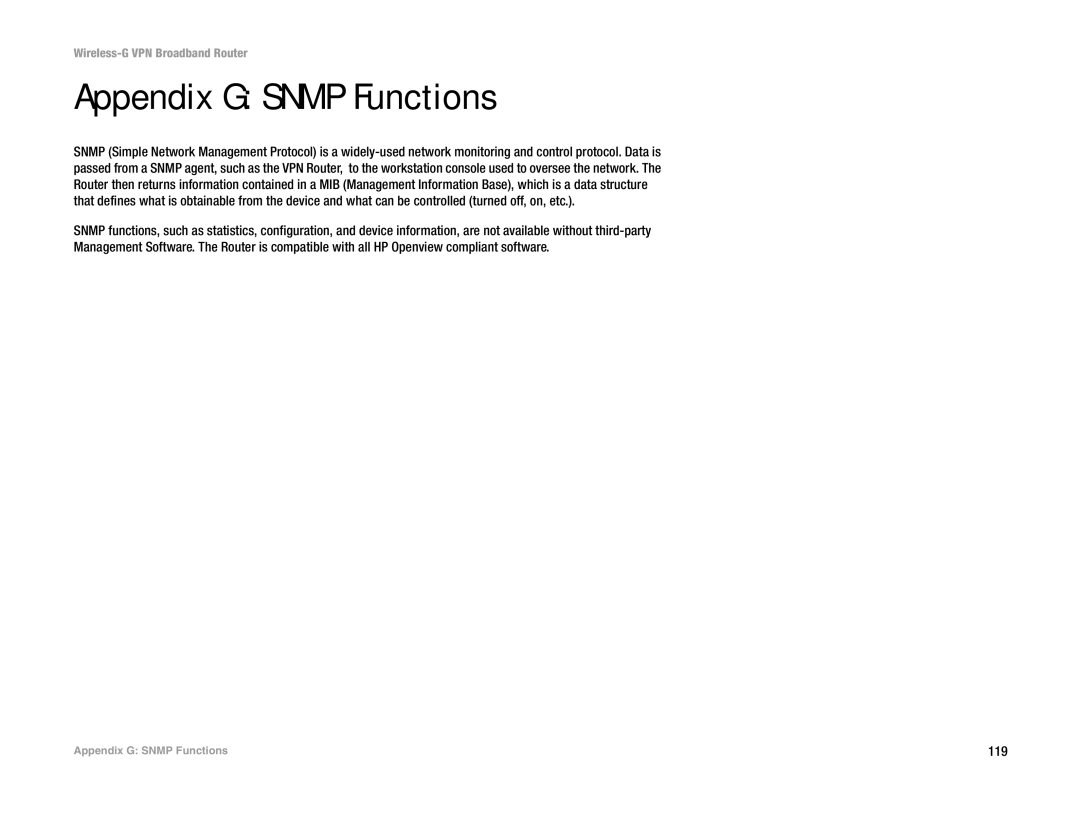 Mitel WRV54G manual Appendix G Snmp Functions 