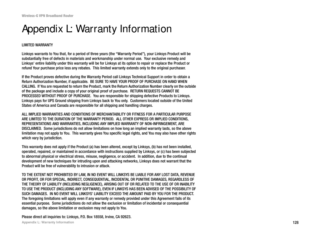 Mitel WRV54G manual Appendix L Warranty Information, Limited Warranty 