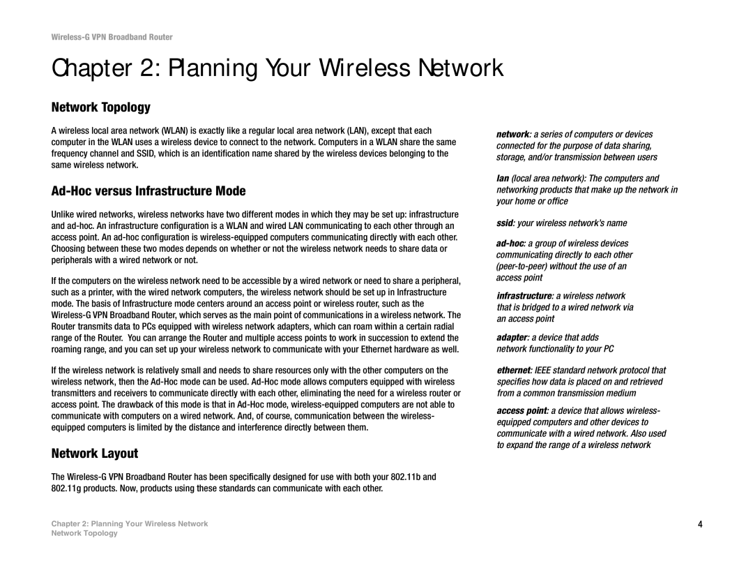 Mitel WRV54G manual Planning Your Wireless Network, Network Topology, Ad-Hoc versus Infrastructure Mode, Network Layout 