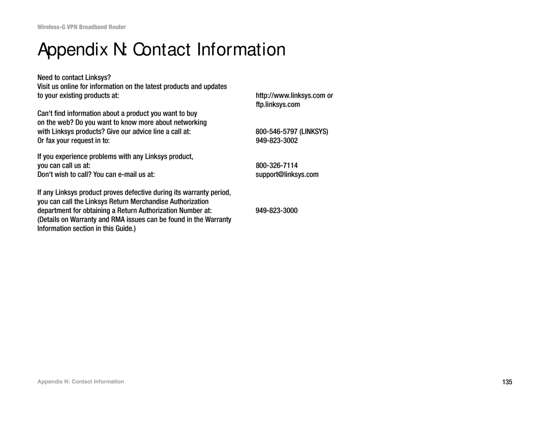 Mitel WRV54G manual Appendix N Contact Information, Need to contact Linksys?, Information section in this Guide 