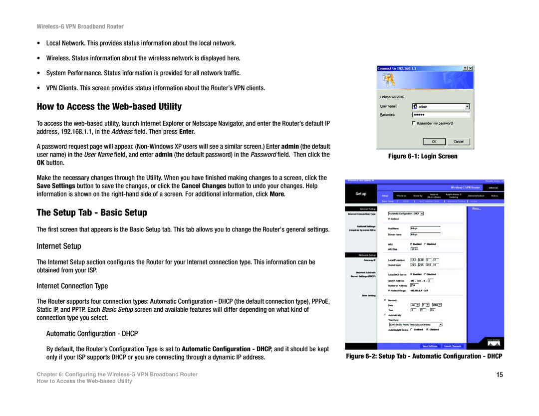 Mitel WRV54G manual How to Access the Web-based Utility, Setup Tab Basic Setup, Internet Setup, Internet Connection Type 