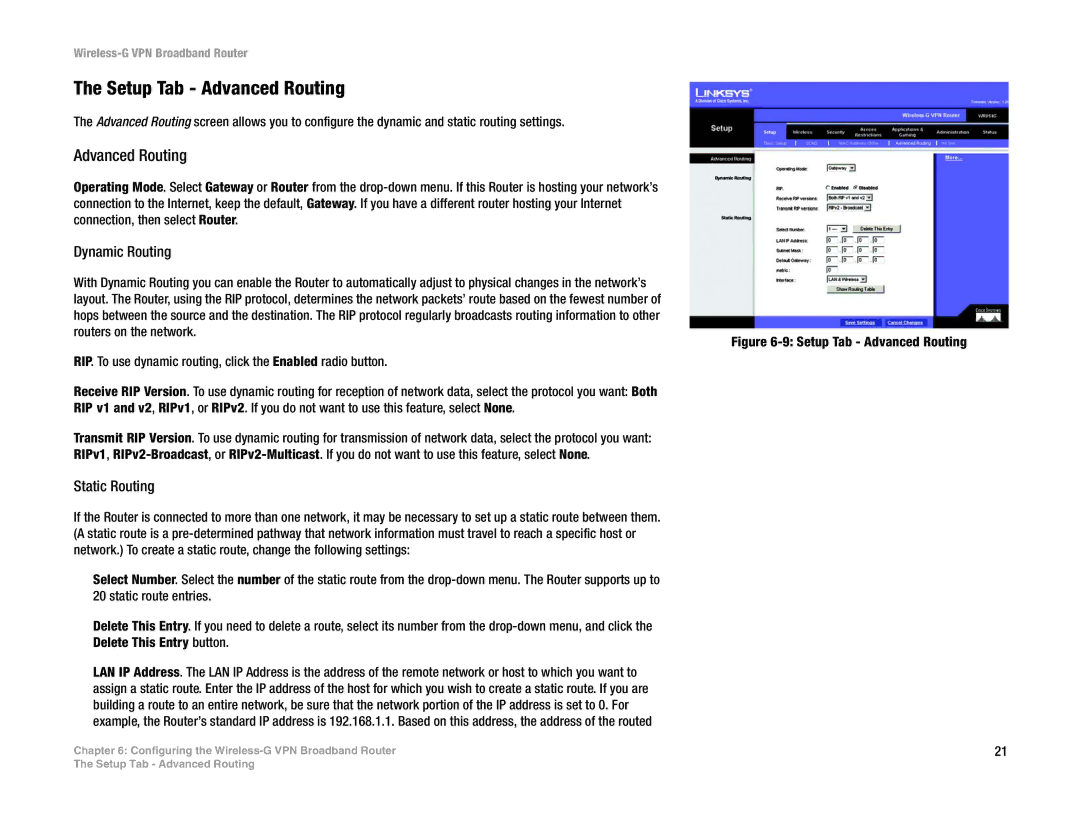 Mitel WRV54G manual Setup Tab Advanced Routing, Dynamic Routing, Static Routing 