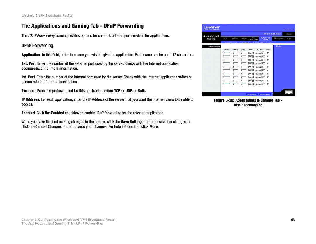 Mitel WRV54G manual Applications and Gaming Tab UPnP Forwarding 