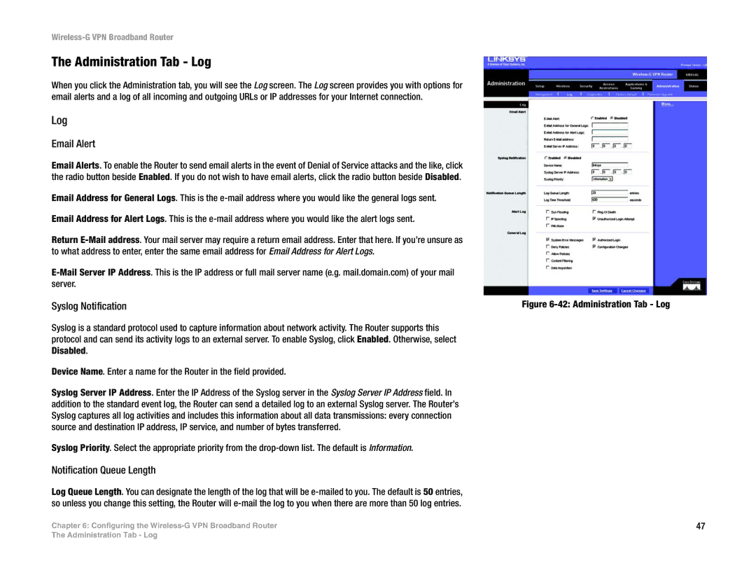 Mitel WRV54G manual Administration Tab Log, Email Alert, Syslog Notification, Notification Queue Length 