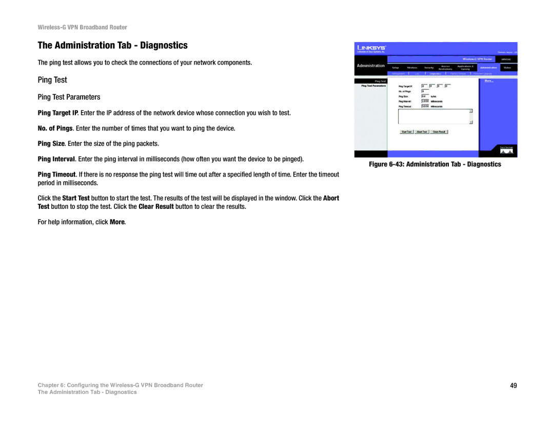 Mitel WRV54G manual Administration Tab Diagnostics, Ping Test Parameters 