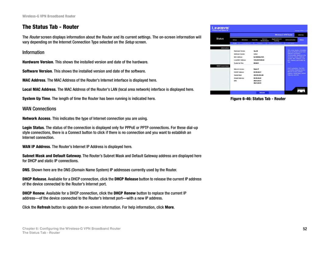 Mitel WRV54G manual Status Tab Router, Information, WAN Connections 