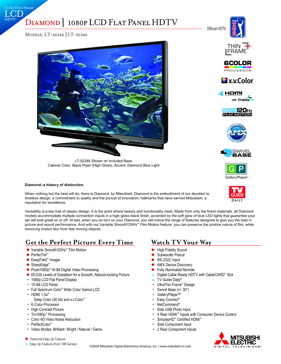 Mitsubishi 1080P manual Diamond 1080p LCD Flat Panel HDTV, Watch TV Your Way, Models LT-46246 LT-52246, UltraThin Frametm 