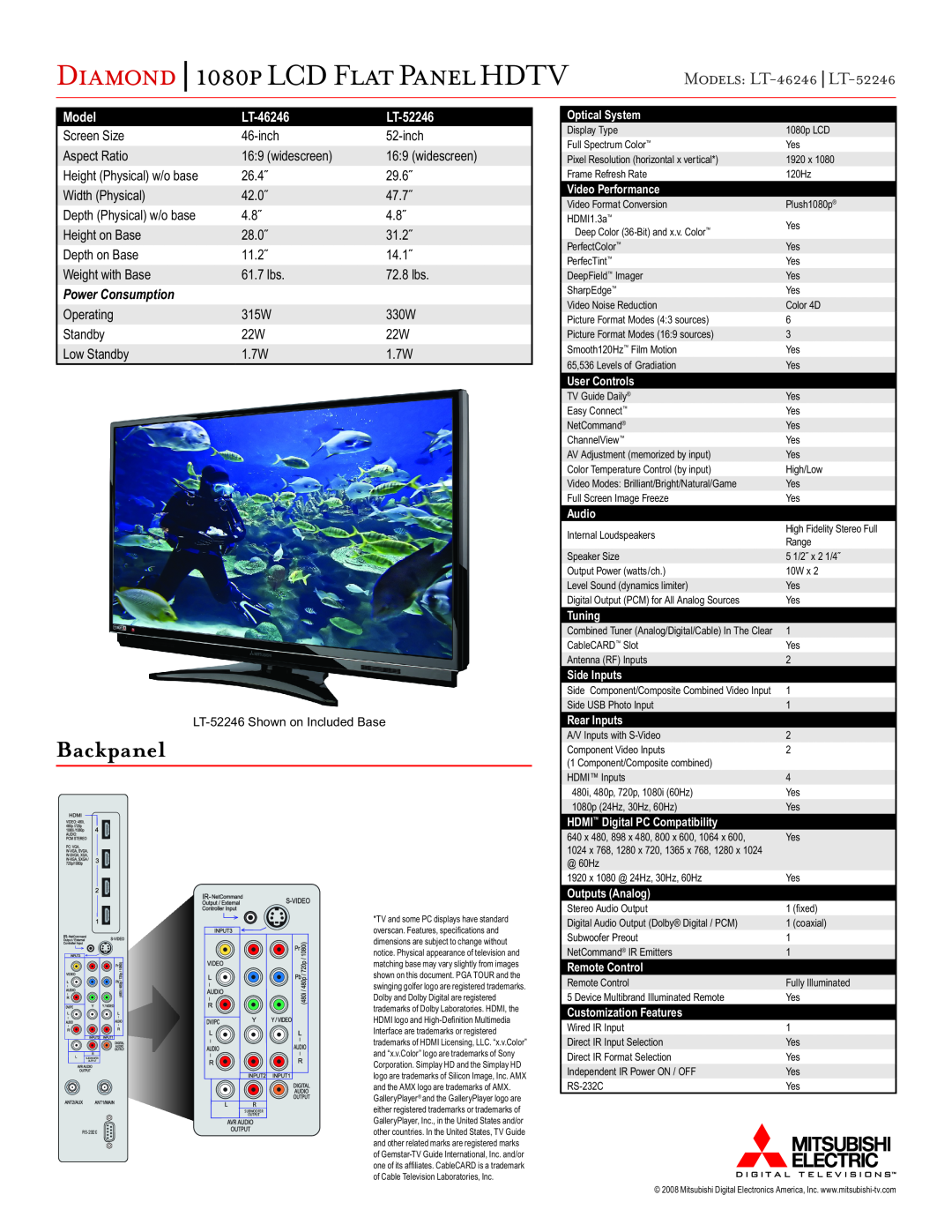 Mitsubishi 1080P manual Backpanel, Diamond 1080p LCD Flat Panel HDTV, Models LT-46246 LT-52246, Power Consumption 