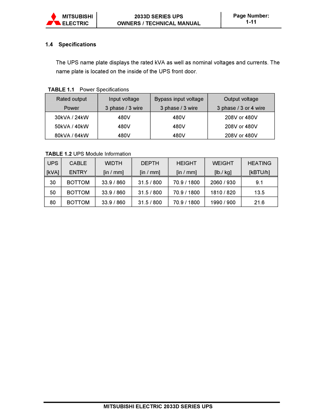 Mitsubishi 2033D SERIES technical manual Specifications 