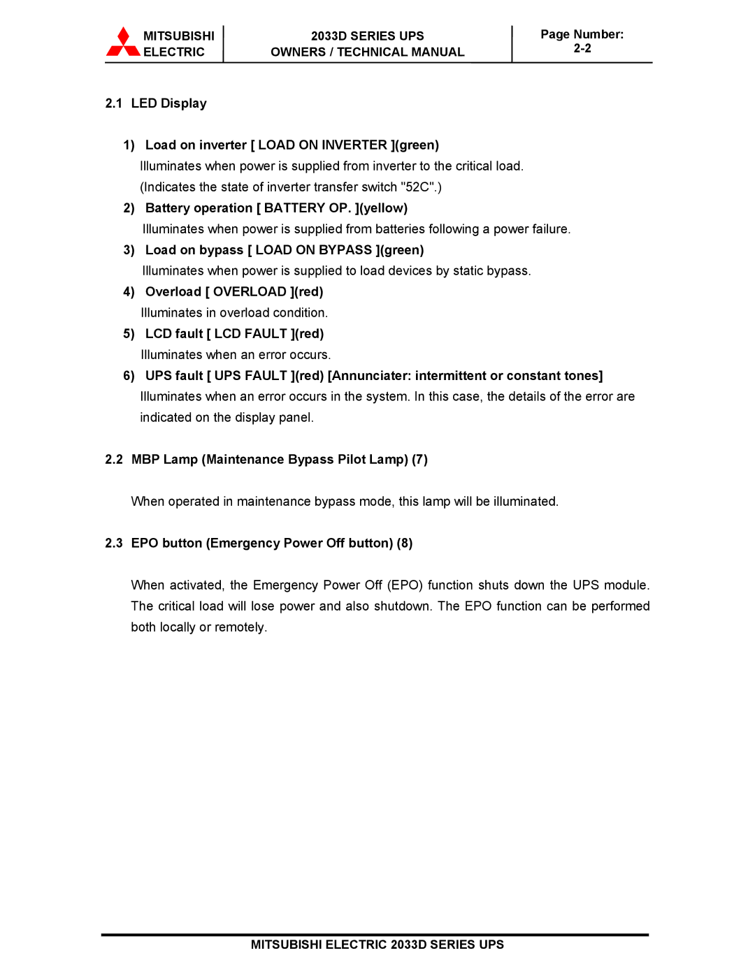 Mitsubishi 2033D SERIES LED Display Load on inverter Load on Inverter green, Battery operation Battery OP. yellow 