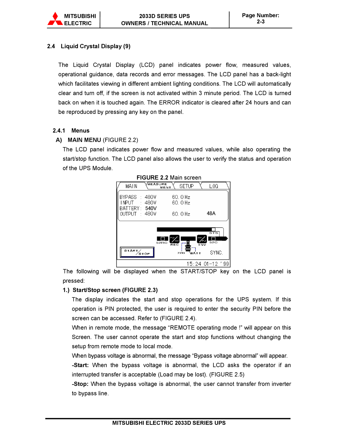 Mitsubishi 2033D SERIES technical manual Liquid Crystal Display, Menus, Start/Stop screen Figure 