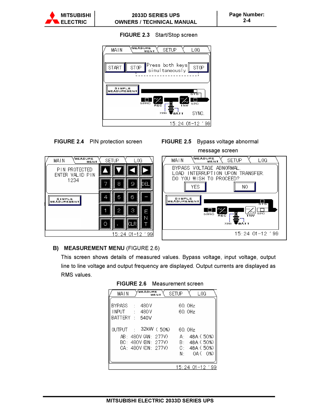 Mitsubishi 2033D SERIES technical manual Start/Stop screen, Measurement Menu Figure 