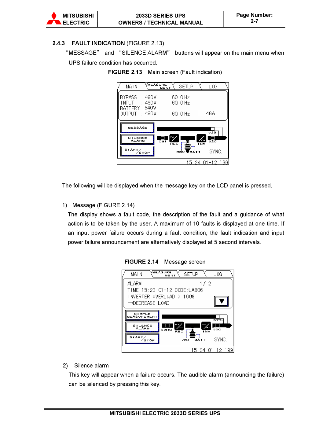 Mitsubishi 2033D SERIES technical manual Fault Indication Figure, Main screen Fault indication 