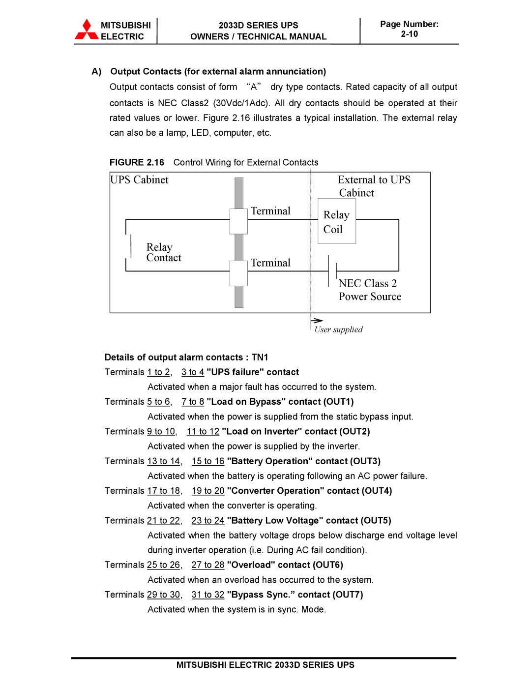 Mitsubishi 2033D SERIES Output Contacts for external alarm annunciation, Control Wiring for External Contacts 