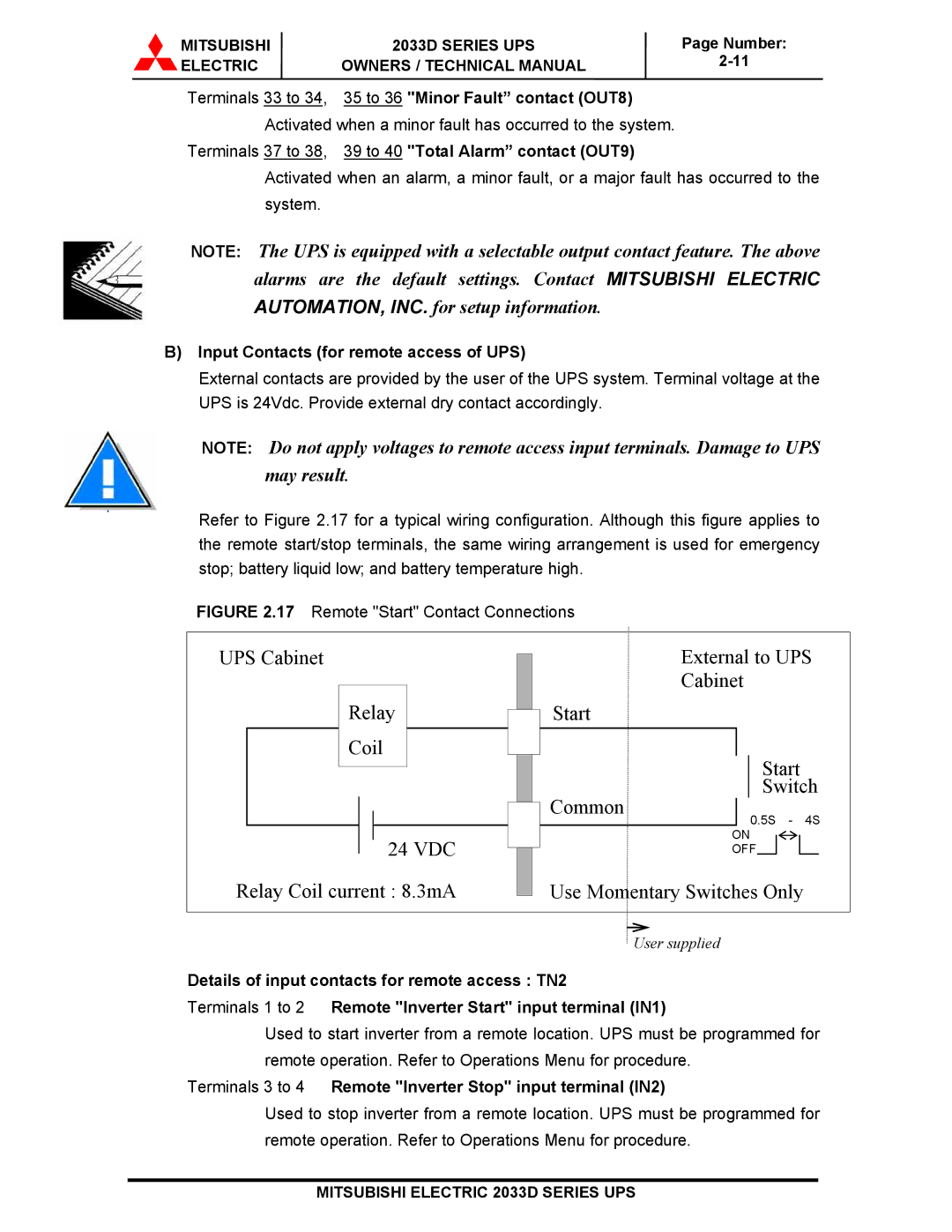 Mitsubishi 2033D SERIES Terminals 33 to 34, 35 to 36 Minor Fault contact OUT8, Input Contacts for remote access of UPS 