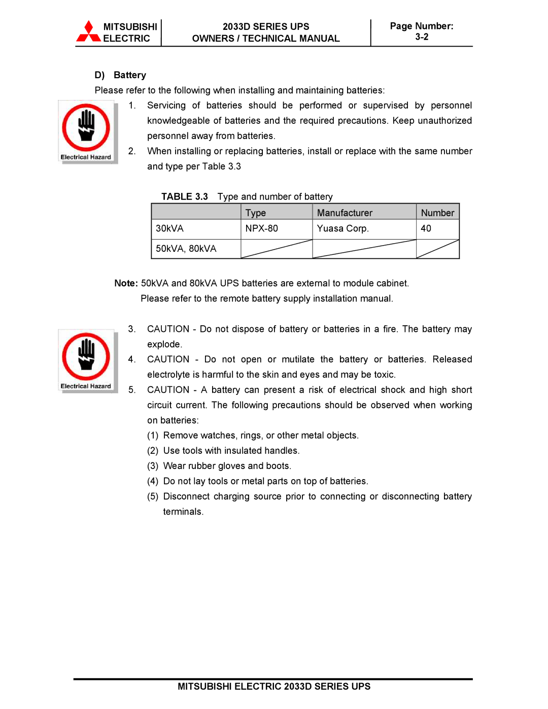 Mitsubishi 2033D SERIES technical manual Electric Owners / Technical Manual, Battery 