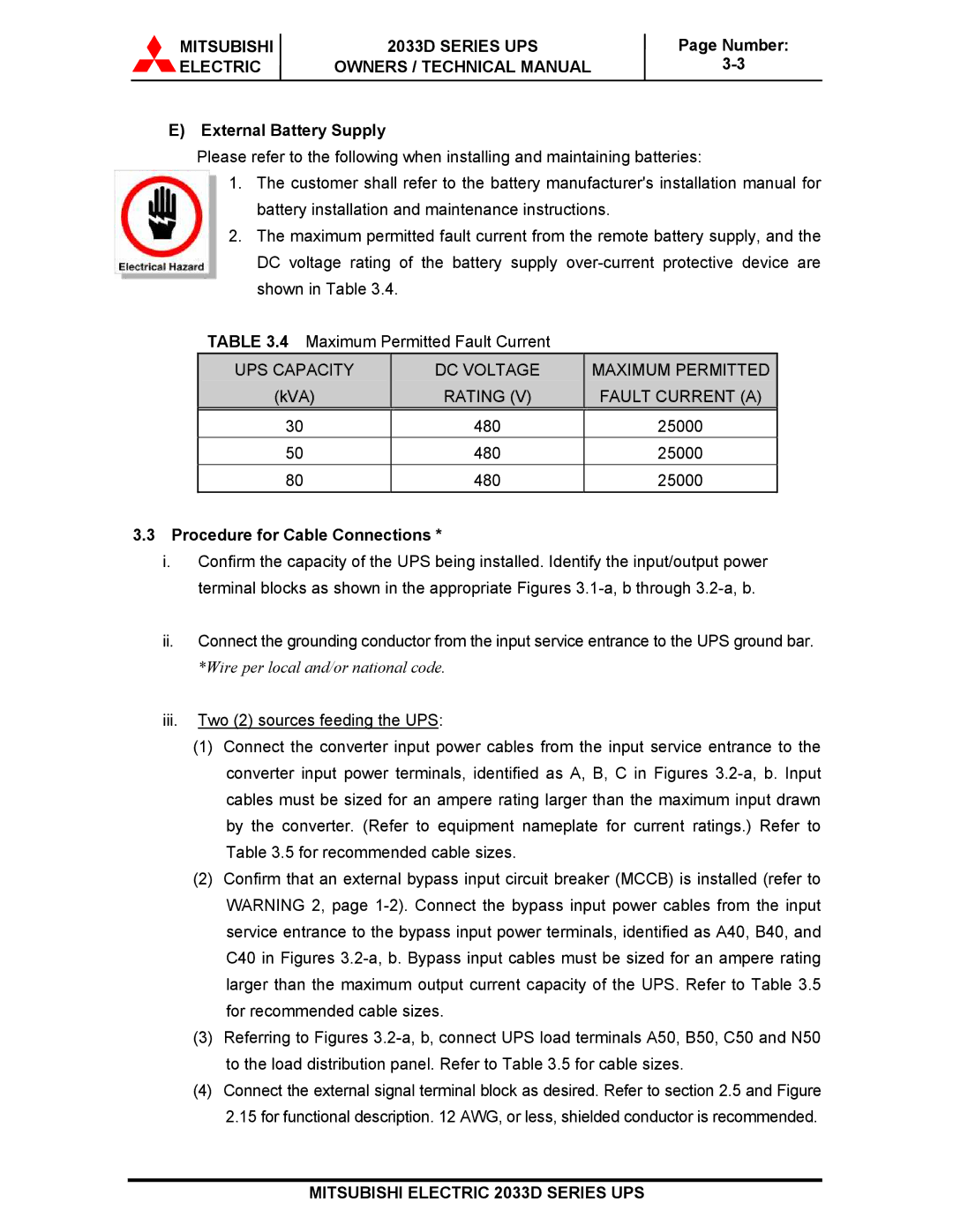 Mitsubishi 2033D SERIES technical manual External Battery Supply, Procedure for Cable Connections 