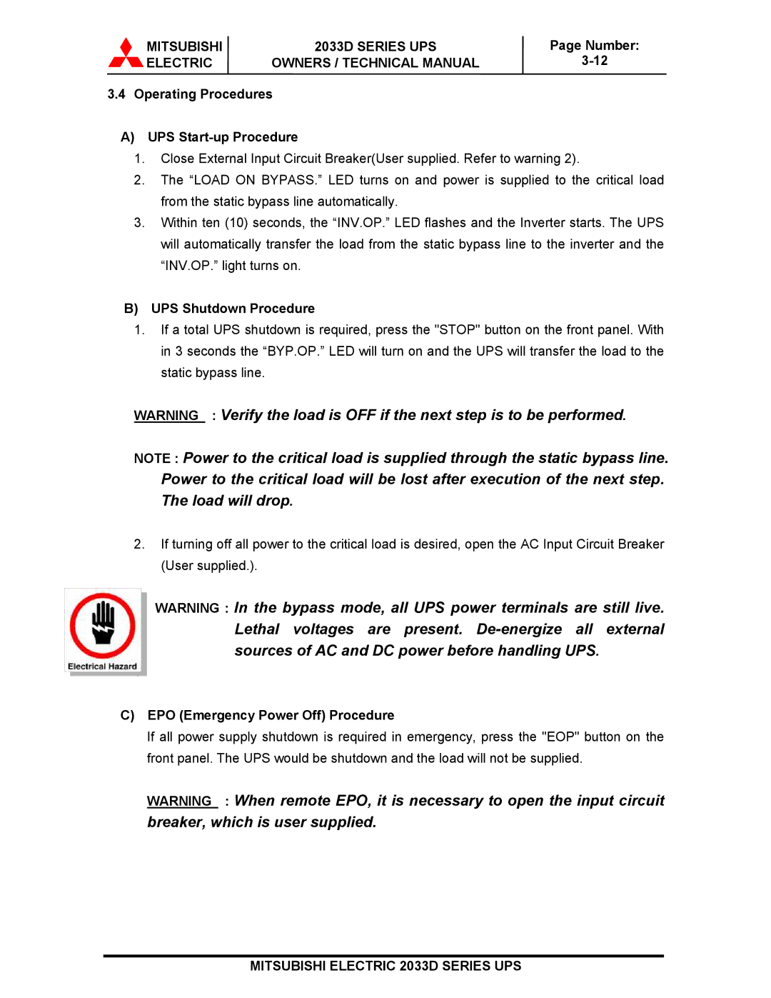 Mitsubishi 2033D SERIES technical manual Operating Procedures UPS Start-up Procedure, UPS Shutdown Procedure 