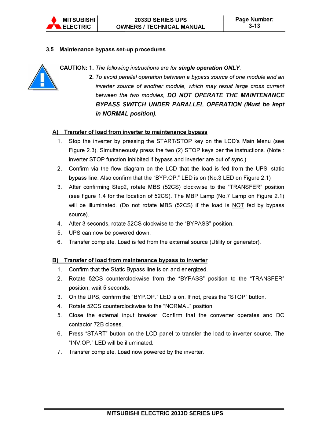 Mitsubishi 2033D SERIES Maintenance bypass set-up procedures, Transfer of load from inverter to maintenance bypass 