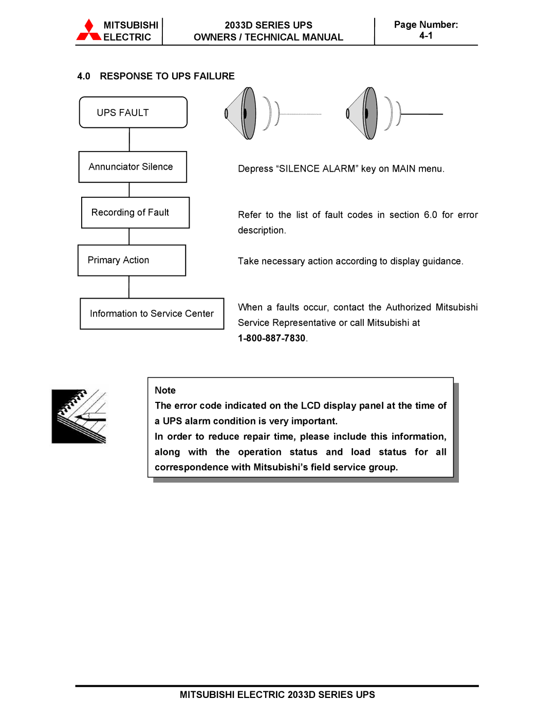 Mitsubishi 2033D SERIES technical manual Electric Owners / Technical Manual Response to UPS Failure, UPS Fault 