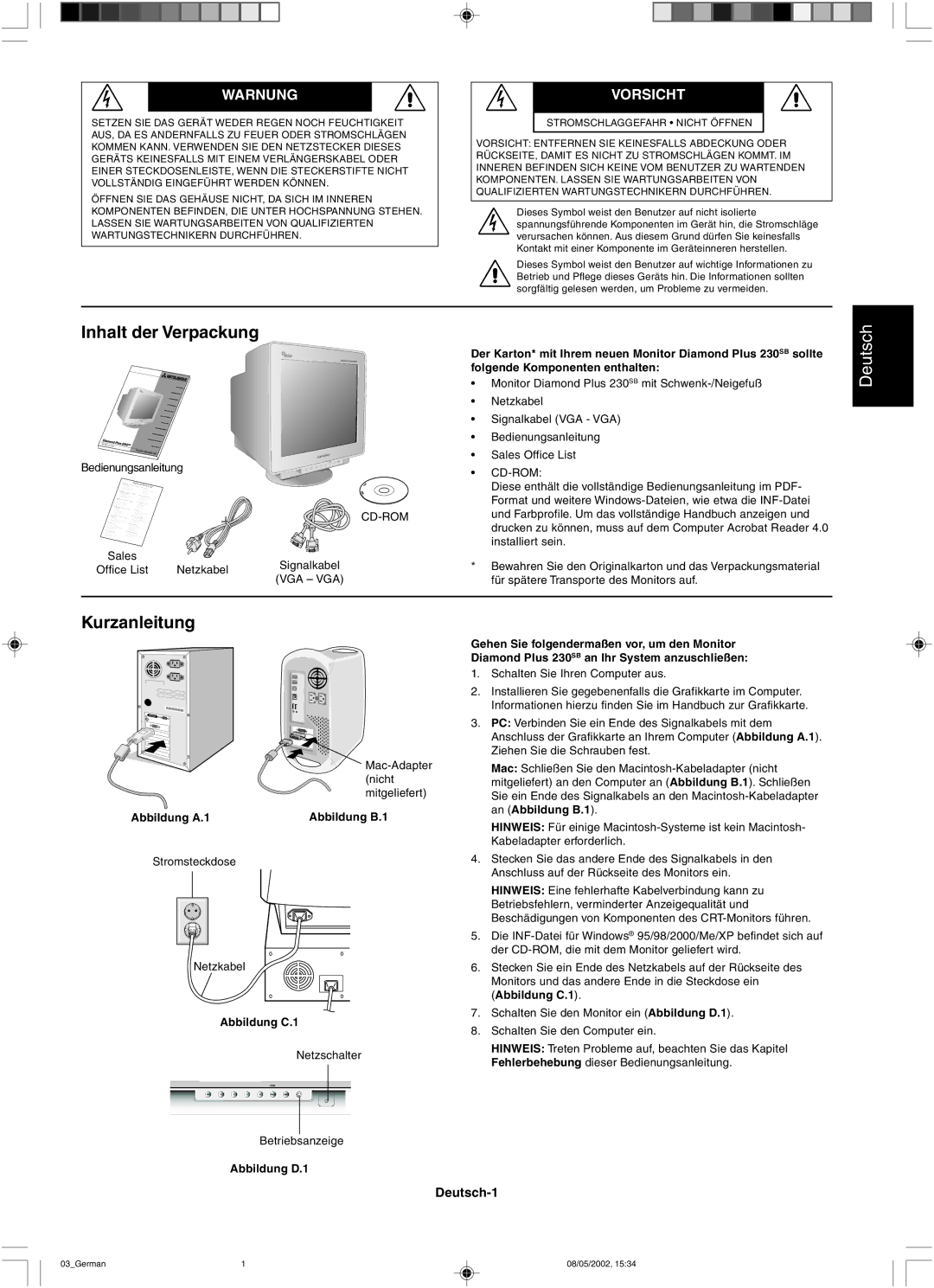 Mitsubishi 230 SB manual Inhalt der Verpackung, Kurzanleitung, Warnung, Vorsicht 