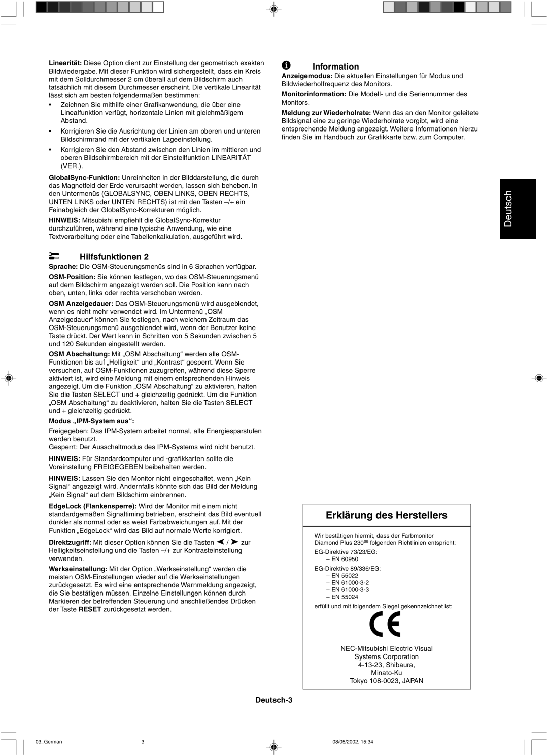 Mitsubishi 230 SB manual Erklärung des Herstellers, Modus „IPM-System aus 