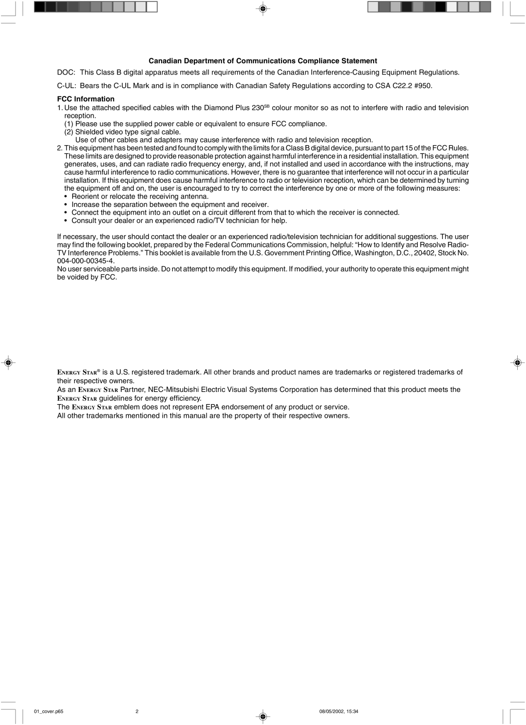 Mitsubishi 230 SB manual Canadian Department of Communications Compliance Statement 