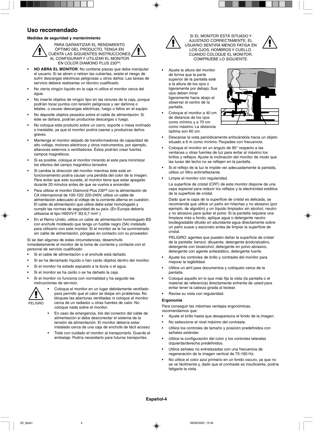 Mitsubishi 230 SB manual Uso recomendado, Medidas de seguridad y mantenimiento, Ergonomía 