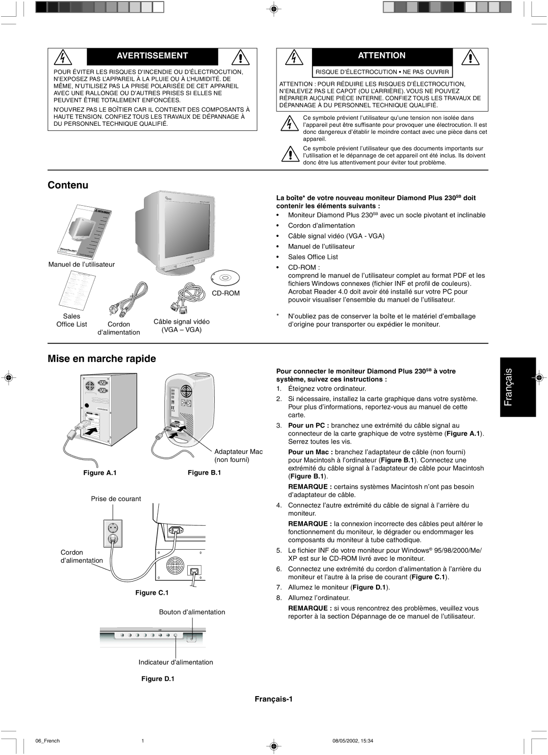 Mitsubishi 230 SB manual Contenu, Mise en marche rapide, Avertissement 