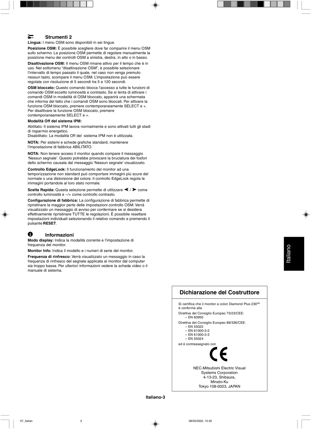 Mitsubishi 230 SB manual Dichiarazione del Costruttore, Informazioni, Modalità Off del sistema IPM 