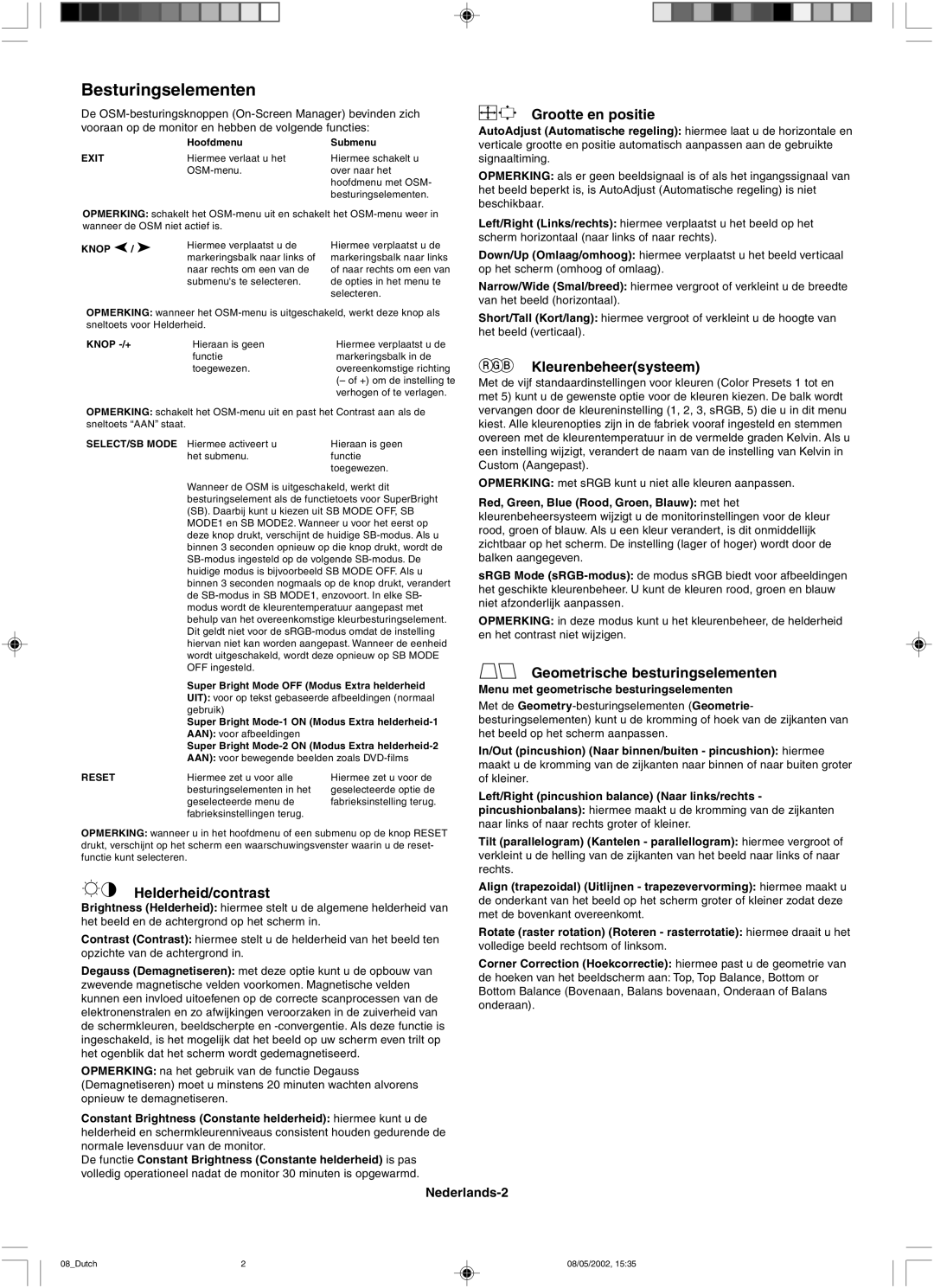 Mitsubishi 230 SB manual Besturingselementen, Grootte en positie, Kleurenbeheersysteem, Geometrische besturingselementen 