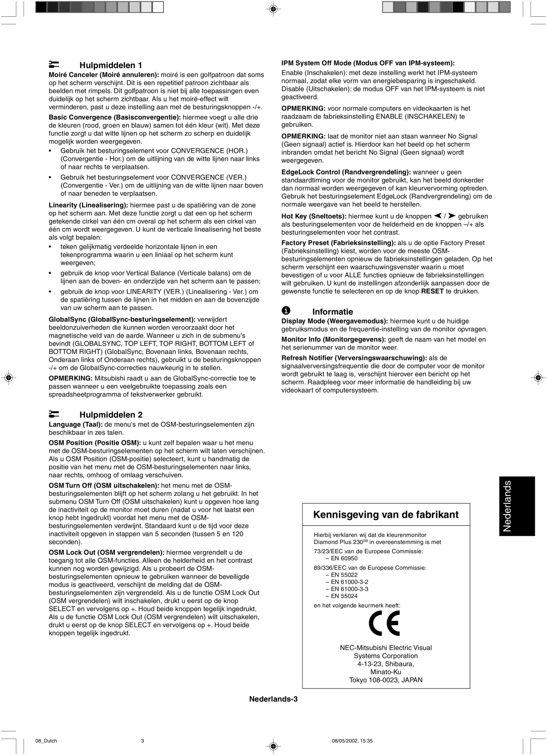 Mitsubishi 230 SB Kennisgeving van de fabrikant, Hulpmiddelen, Informatie, IPM System Off Mode Modus OFF van IPM-systeem 