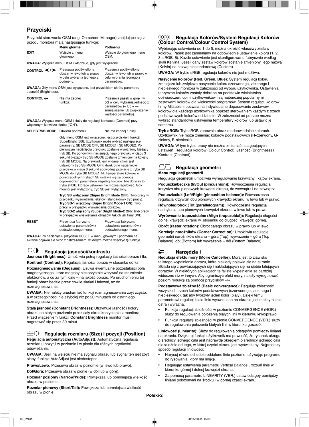 Mitsubishi 230 SB manual Przyciski, SELECT/SB Mode 