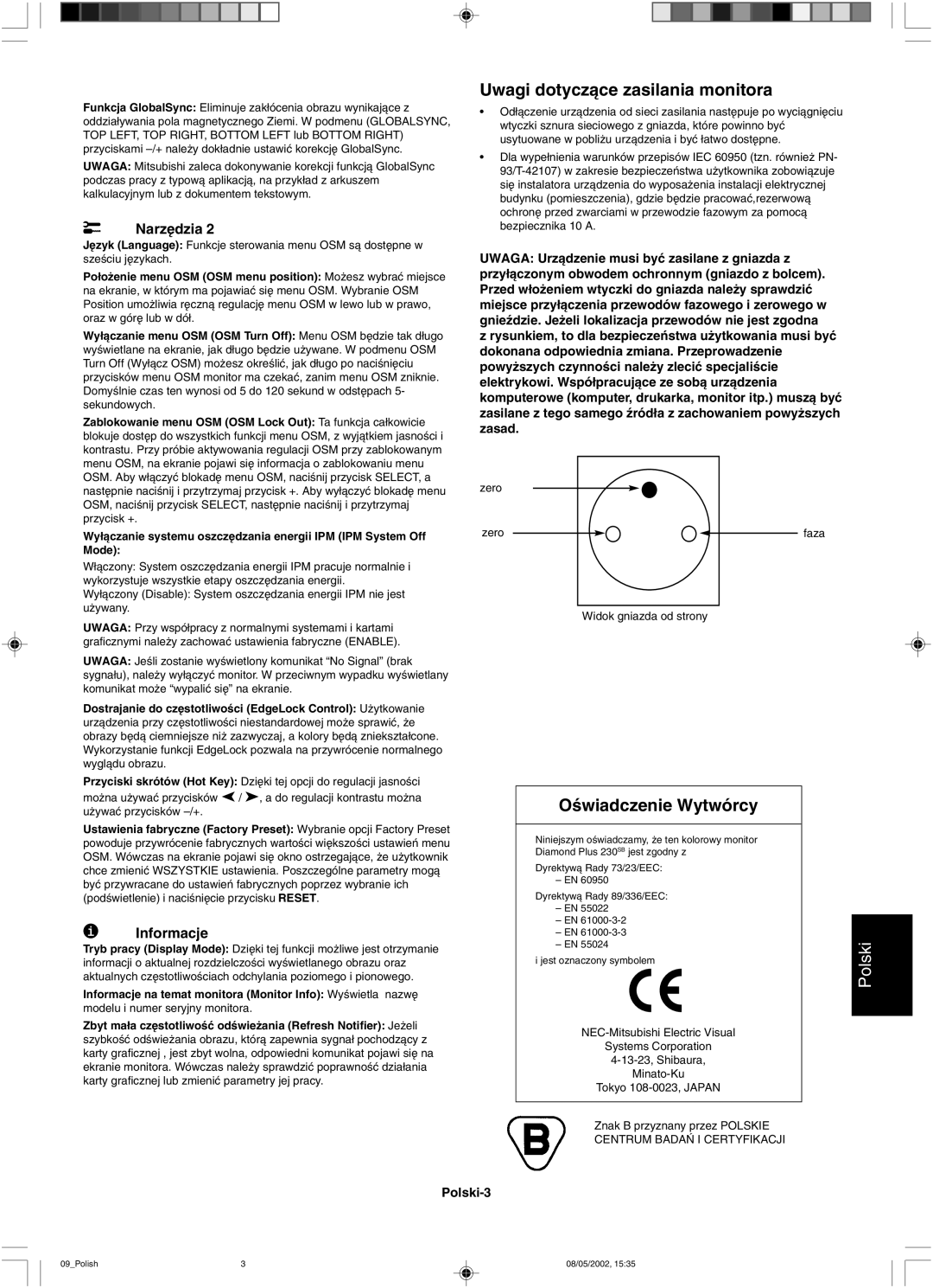 Mitsubishi 230 SB manual Uwagi dotyczàce zasilania monitora, OÊwiadczenie Wytwórcy 