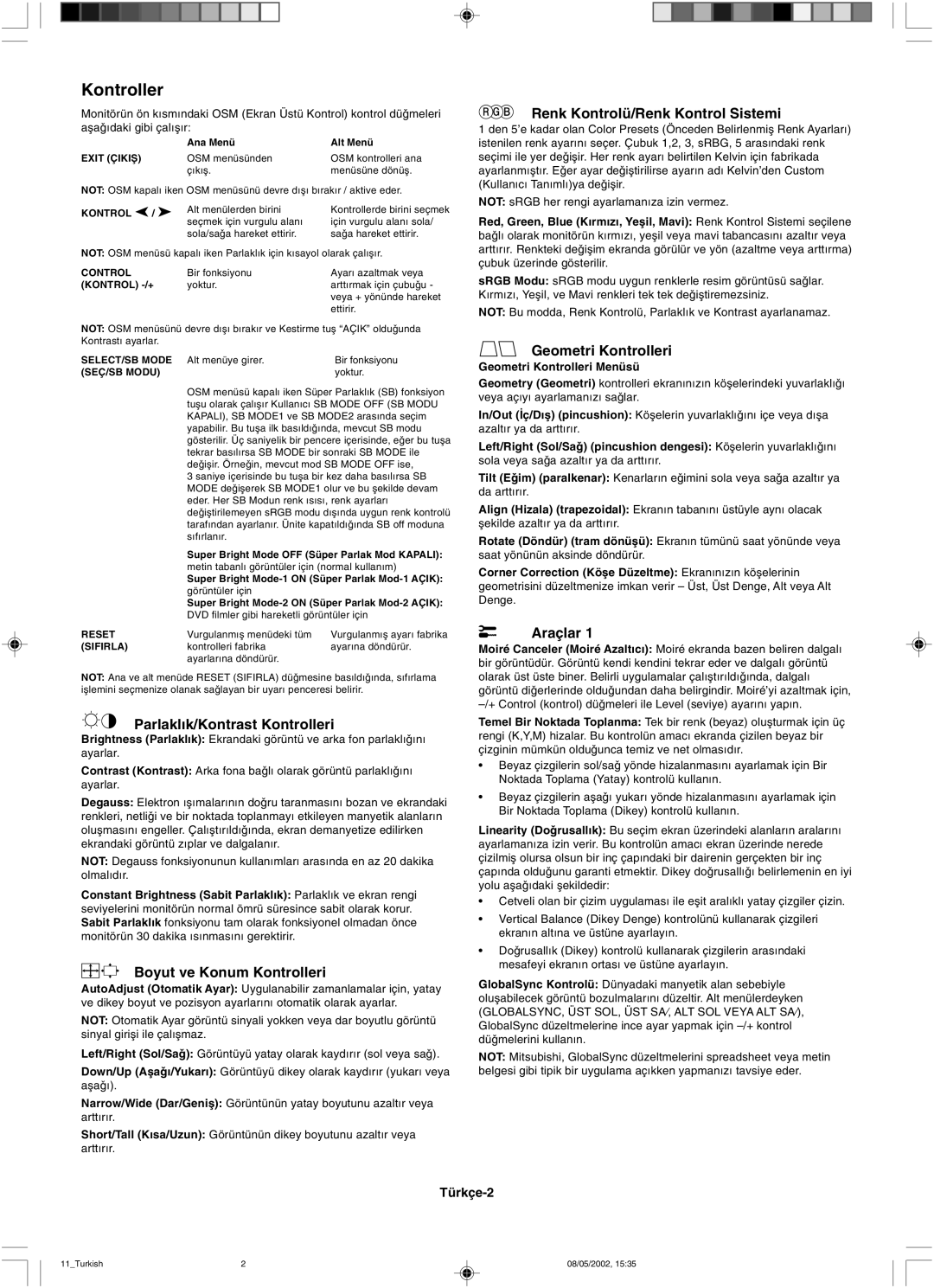 Mitsubishi 230 SB manual Kontroller 