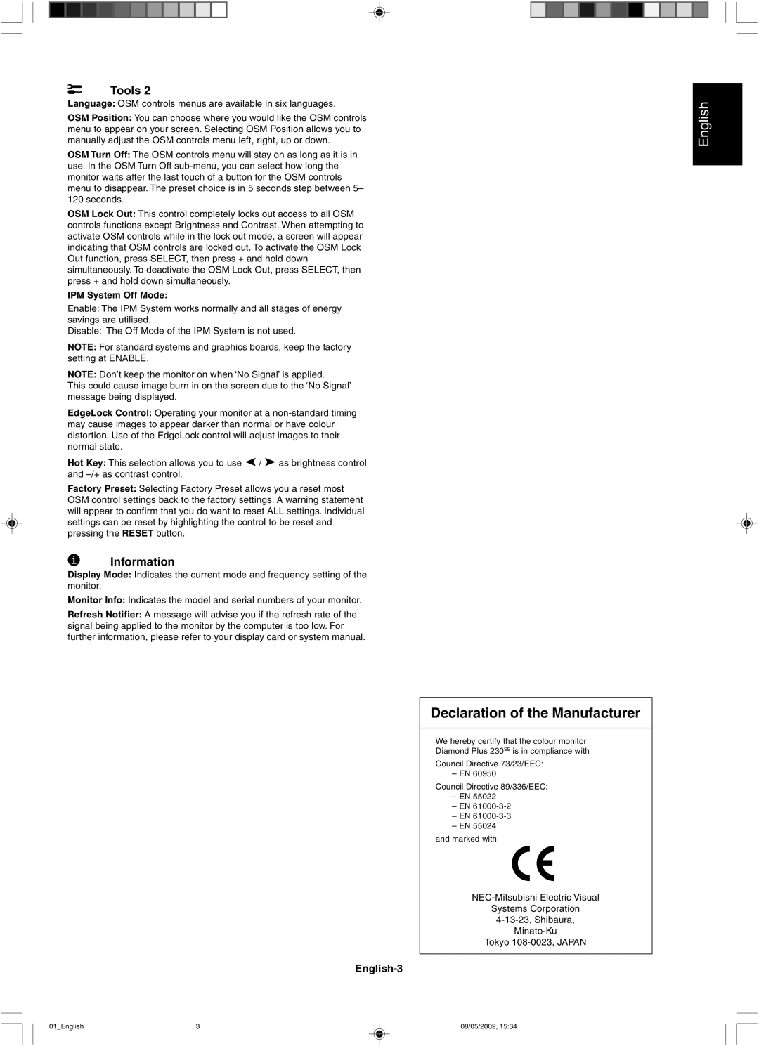 Mitsubishi 230 SB manual Declaration of the Manufacturer, Information, IPM System Off Mode 